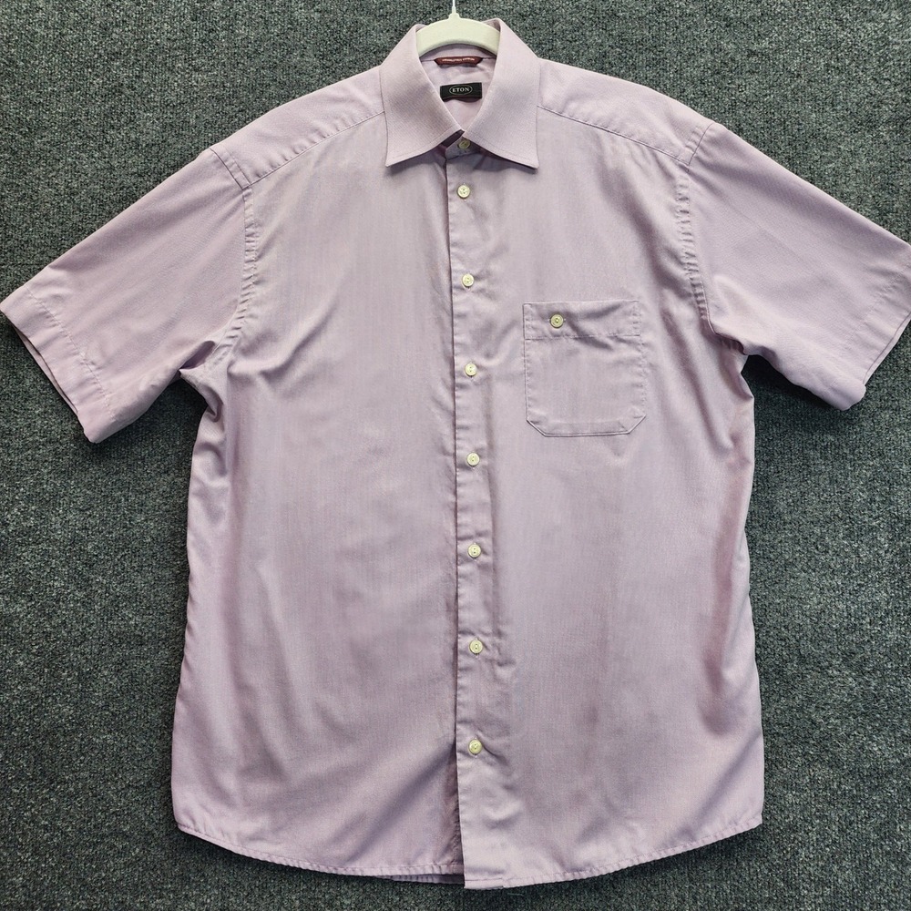 Eton Wrinkle Free Cotton Short Sleeve Dress Shirt Lavender Button Front 41/16 L